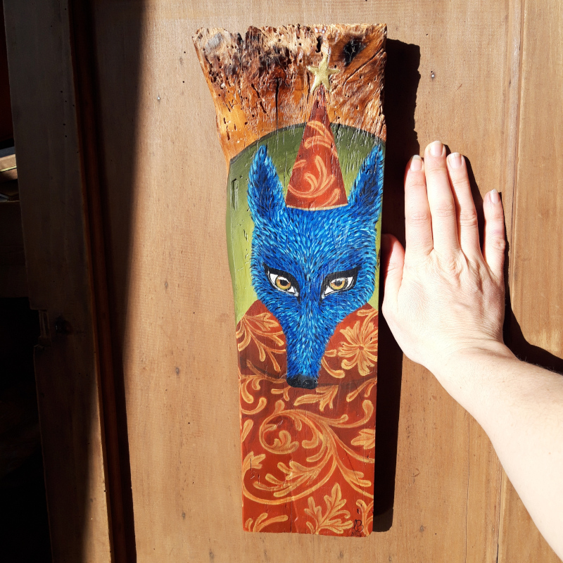 Le loup bleu - Peinture sur bois