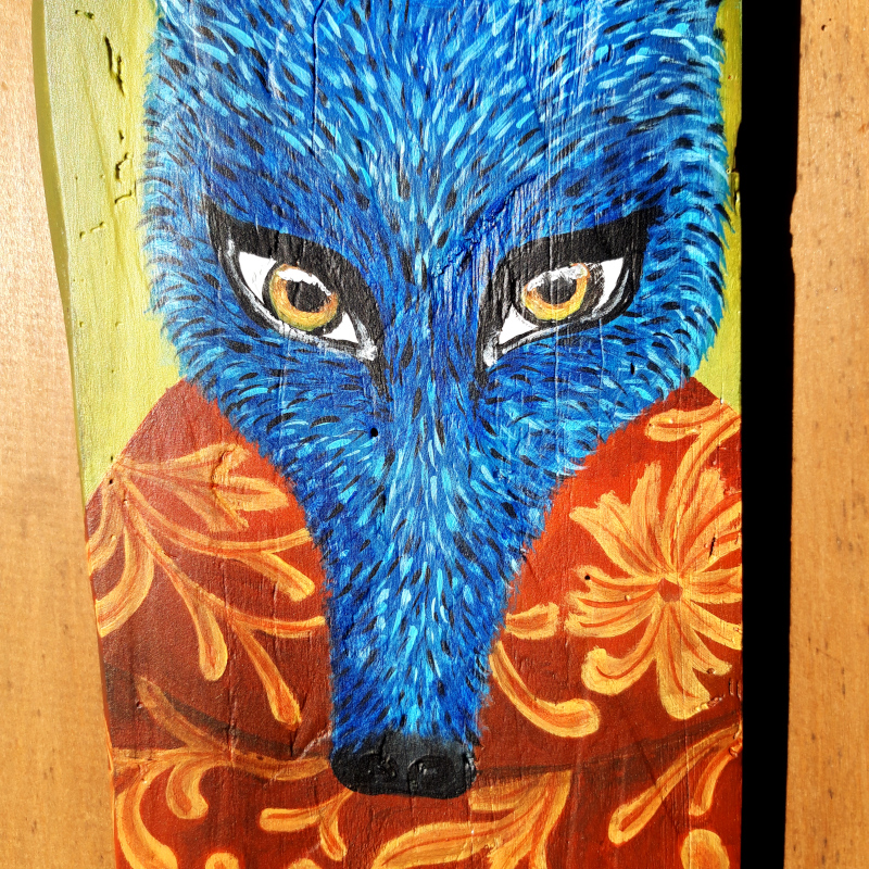 Le loup bleu - Peinture sur bois